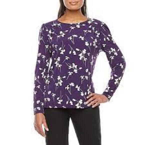 Liz Claiborne Myst Purple Floral Stretch Boat Neck Long Sleeve Top Medium NWT - Picture 1 of 13